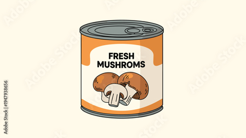 Metal tin can containing fresh mushrooms with a label showing whole and sliced brown button mushrooms illustration.