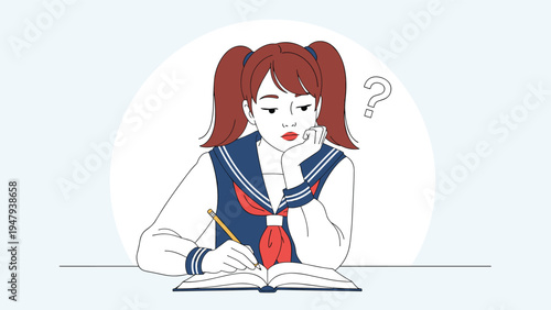 Pensive school girl in a uniform sits at a desk while thinking about a difficult answer with a question mark bubble.