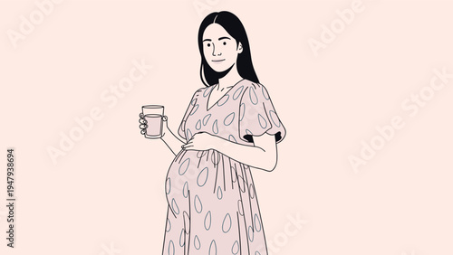 Beautiful pregnant woman wearing a patterned dress stands while holding a glass of water to stay healthy and hydrated.