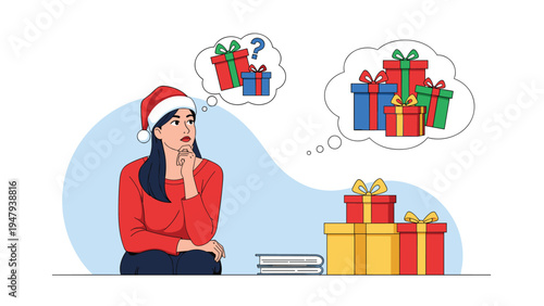 Young woman in a santa hat thinks about choosing different colorful gift boxes for the christmas holiday season.