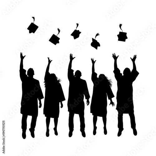 Silhouettes of graduates throwing caps.