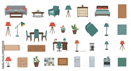 Collection of Furniture and Home Decor Items for Interior Design.