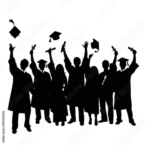 Silhouettes of graduates throwing caps.