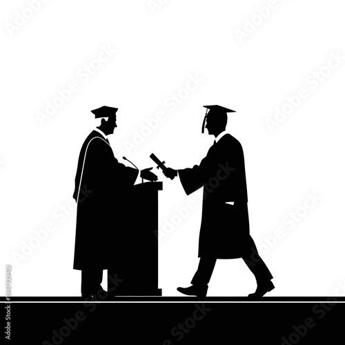 Two people in graduation gowns shaking.