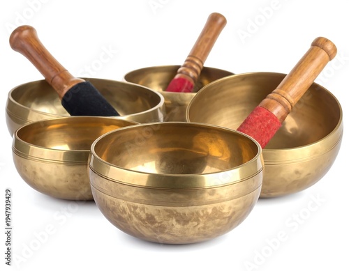 Five golden singing bowls, each with a wooden mallet, isolated on white