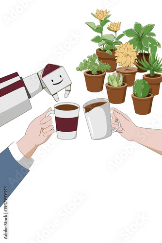 Friendly Robot Passes Coffee in a Warm, Collaborative Workspace