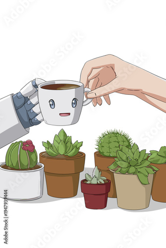 Friendly Robot Passes Coffee in a Warm, Collaborative Workspace