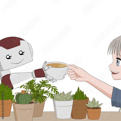 Friendly Robot Passes Coffee in a Warm, Collaborative Workspace