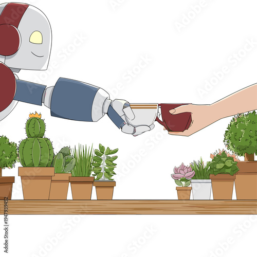 Friendly Robot Passes Coffee in a Warm, Collaborative Workspace