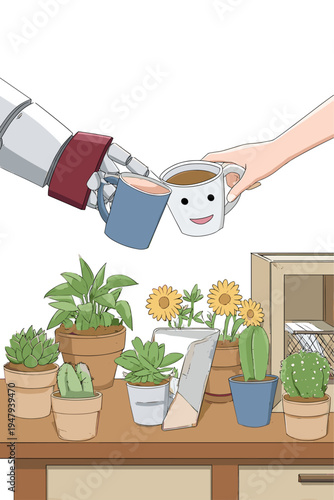 Friendly Robot Passes Coffee in a Warm, Collaborative Workspace