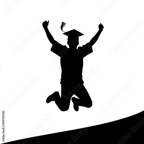 Young Adult Wearing Graduation Cap Jumping.