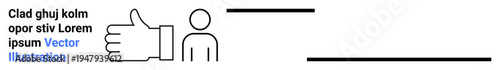 Approval, communication, positivity, motivation, human interaction, teamwork. An outline of a thumbs-up alongside a minimalistic human figure and lines. Approval and communication concept