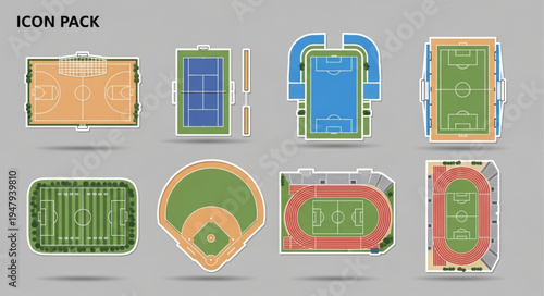 Diverse Sports Field Icon Set - Basketball, Tennis, Soccer, and More.