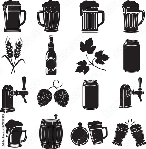 Black and white beer including mugs bottles cans and brewery ingredients alcohol beverages