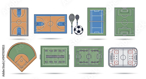 Collection of Various Sports Fields and Equipment Illustrations.