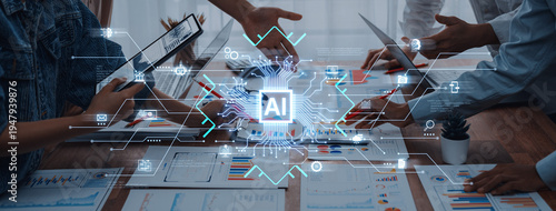 Billede på lærred Artificial intelligence integration concept linking apps, data streams and automation across enterprise systems and platforms