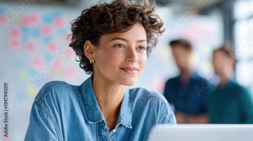 Confident business woman working on laptop in modern office during team brainstorming meeting