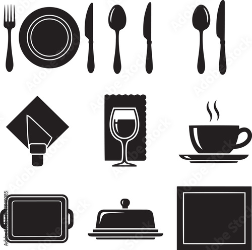 Black and white dining tableware utensils plate fork