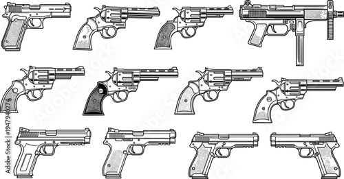 Handgun and revolver collection vector illustration, detailed pistol firearm set isolated, tactical weapon silhouettes for defense, security, law enforcement design