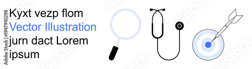 Analysis, research, healthcare, accuracy, focus, diagnostics. Magnifying glass, stethoscope and target with an arrow. Analysis and research in a clean design