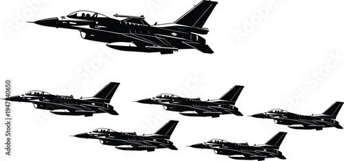 Military fighter jet silhouette vector set showing combat aircraft in flight formation modern air force aviation illustration
