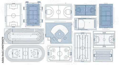 Collection of Various Sports Field Layouts and Court Diagrams.