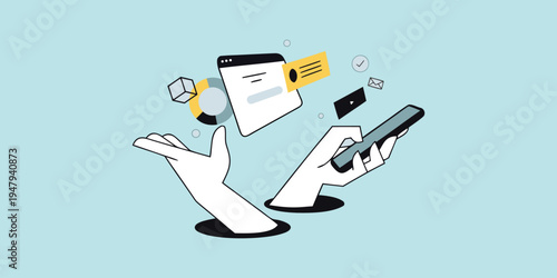 Hands holding and gesturing towards digital items