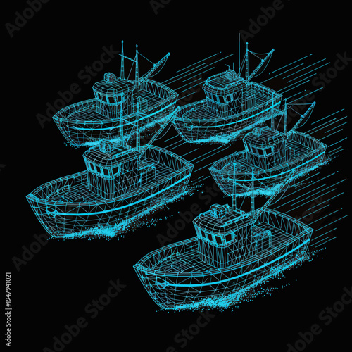 Blue Wireframe Boats on Black Background.