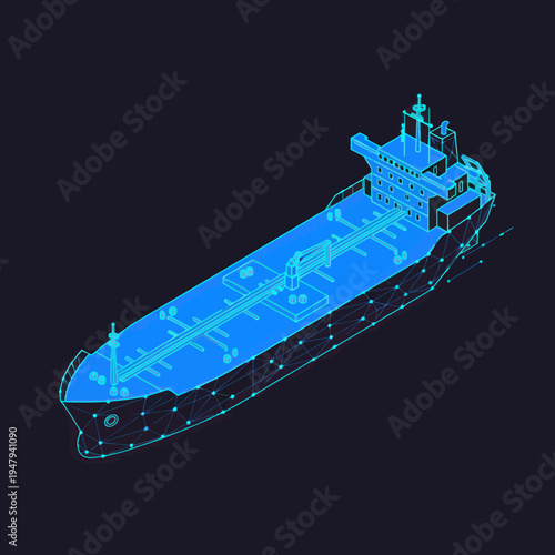 Blue Digital Ship Model on Black Background.