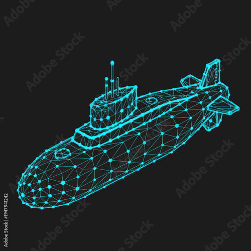 Digital Wireframe Submarine Vessel Underwater Navy.