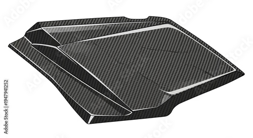 Close-up of a dark textured carbon fiber composite panel isolated on a white background. High-strength automotive or aerospace component.