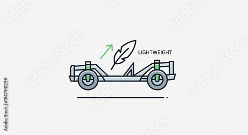 Lightweight car chassis illustration with feather icon, representing automotive engineering, vehicle design, and efficiency concept.