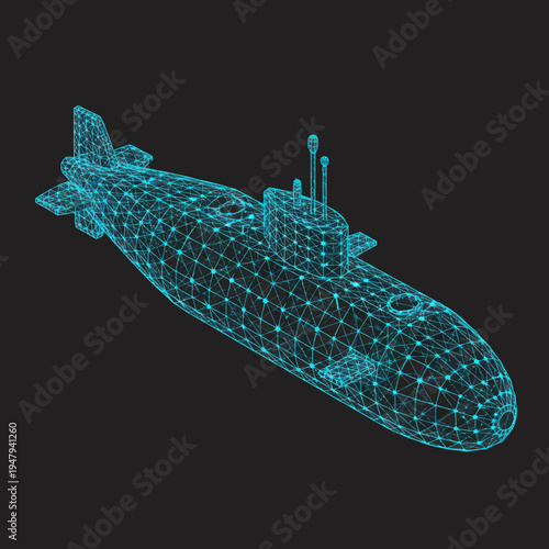 3D Wireframe Submarine Model Underwater Vehicle.