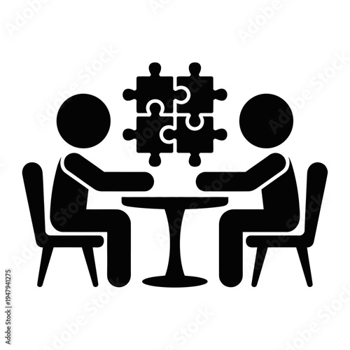 Vector of two people solving a puzzle together at a small round table
