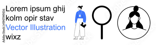 Business profiles, identity verification, search concepts, hiring process, online presence, avatars. Woman holding files, magnifying glass female avatar. Business profiles and identity verification