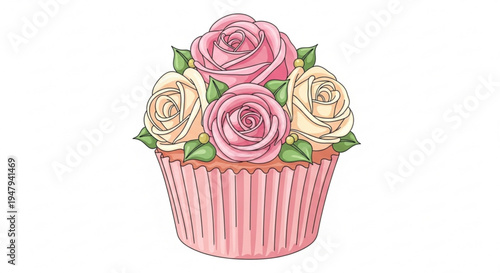 Pink cupcake with pink and white roses on top decorated with green leaves in a pink wrapper on white background