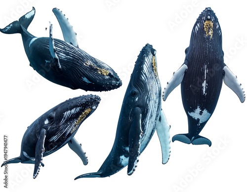 Four humpback whales displayed on a white background in different swimming positions, showcasing their unique markings