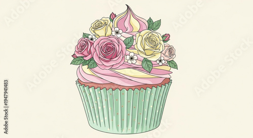 Colorful cupcake with pink and yellow frosting and roses on top in green wrapper