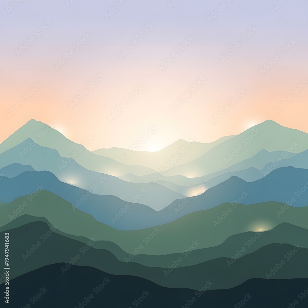 Fototapeta premium Abstract Layered Mountain Shapes with Gradient Sky, Modern Minimal Landscape Background for Design