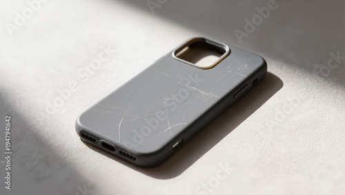 Gray smartphone case with marble design on a light surface  