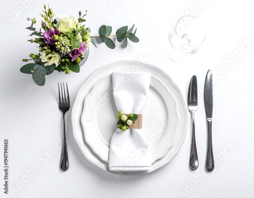 Elegant table setting features white plates, a neatly folded napkin, and a small bouquet on a stark white background