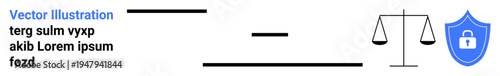 Cybersecurity, legal systems, data protection, justice, digital privacy, secure operations. Scales of justice next to a shield with a padlock. Cybersecurity and legal systems concept