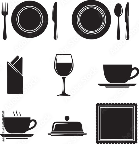 Black and white table setting dining plate fork knife
