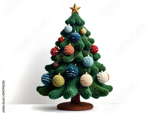 Festive crocheted Christmas tree adorned with colorful ornaments sits on a brown base against a white backdrop