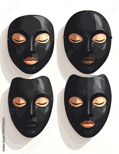 Four black face masks with closed eyes and varying lip colors hung against a plain white wall