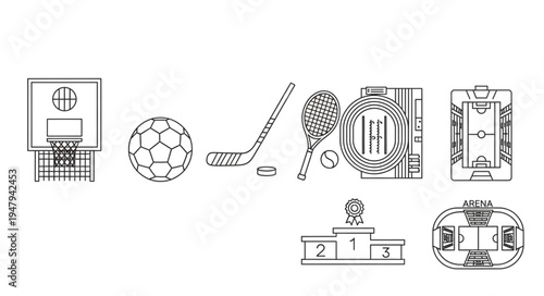 Diverse Sports Equipment and Venues in Detailed Line Art.