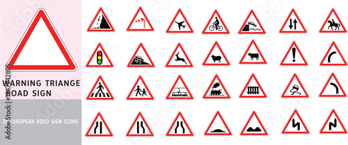 European Warning Road Sign Icon Set | 28 Red Triangle Traffic Safety Symbols Vector
