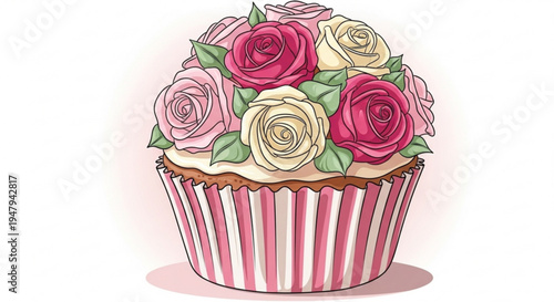 Delicious cupcake adorned with vibrant pink and white roses in a striped wrapper on a clean background