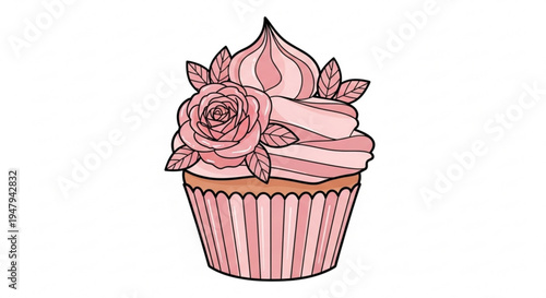 Pink cupcake with rose and leaves on top decorated with pink frosting in a pink wrapper