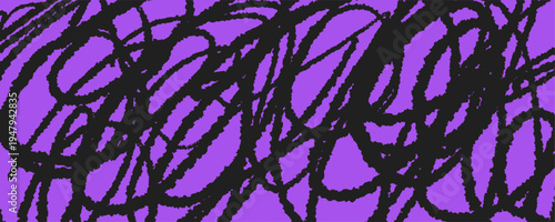 Abstract purple background with chaotic black scribble lines and rough textured strokes. Bold expressive composition with energetic movement, grunge mood, and strong contrast.